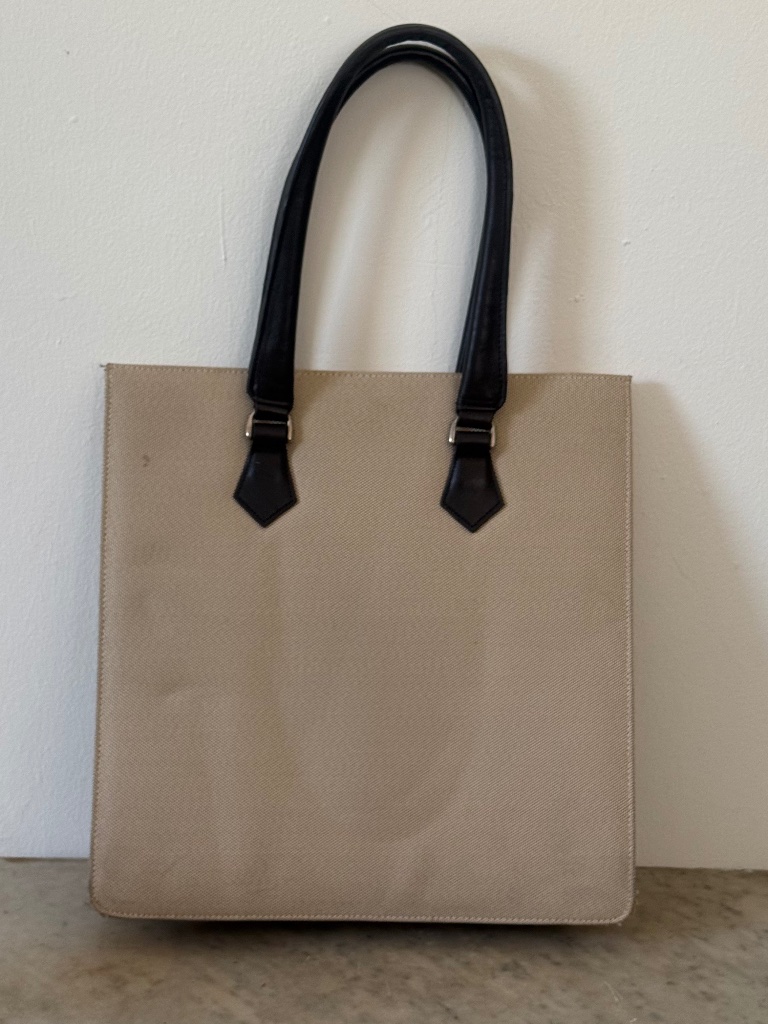 JaegerLecoultre Canvas Tote Bag  Beige  Black Leather Handles  Rare Boutique